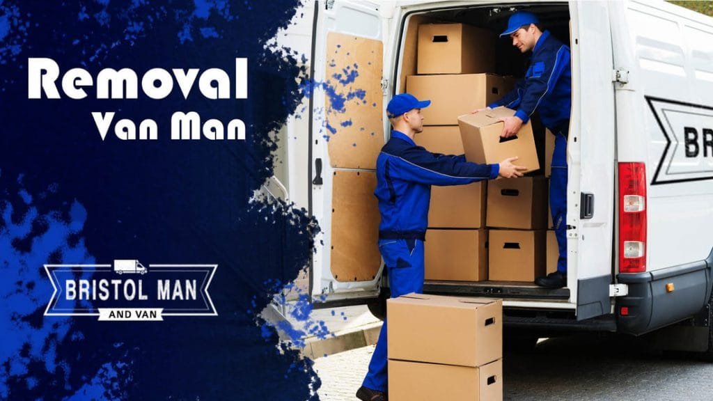 Two professional movers in blue uniforms loading cardboard boxes into a removal van.